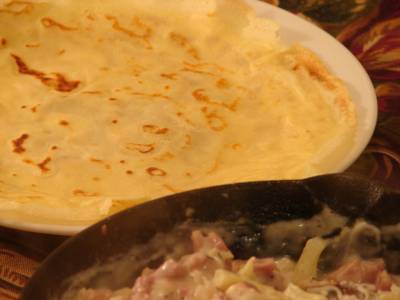 Baked Crepes with Creamy, Cheesy Ham Filling