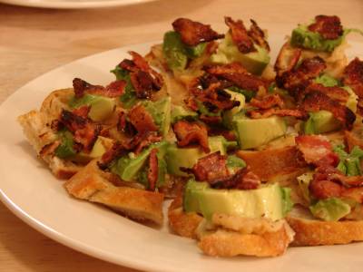 Baguette with Avocado, Soft Garlic and Bacon Crumbles