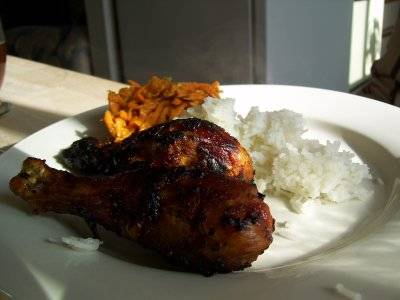 bbq chicken , rice & carrot avacado salad