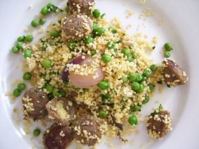 couscous with sausage & peas
