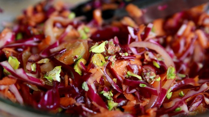 Crisp Winter Salad with Red Cabbage, Carrots, Orange & Pistachios