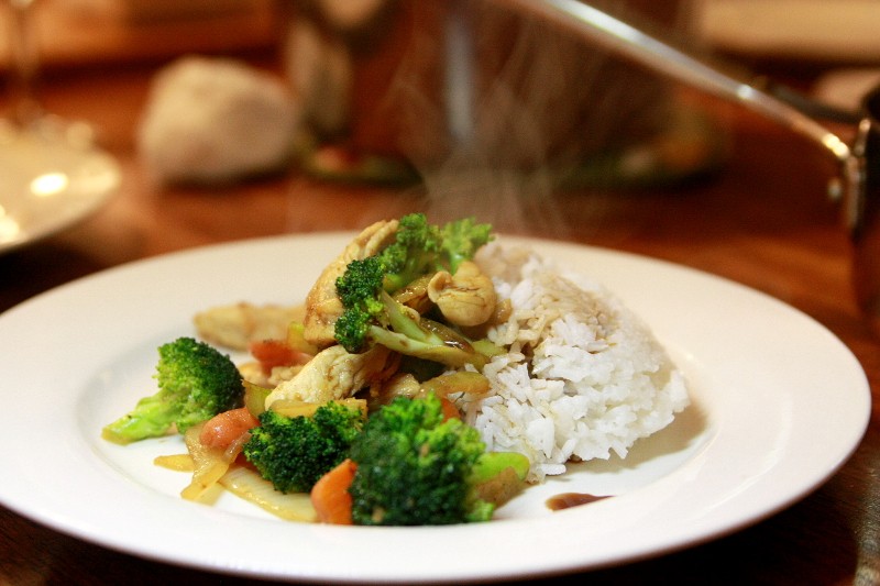 chicken, rice, broccoli