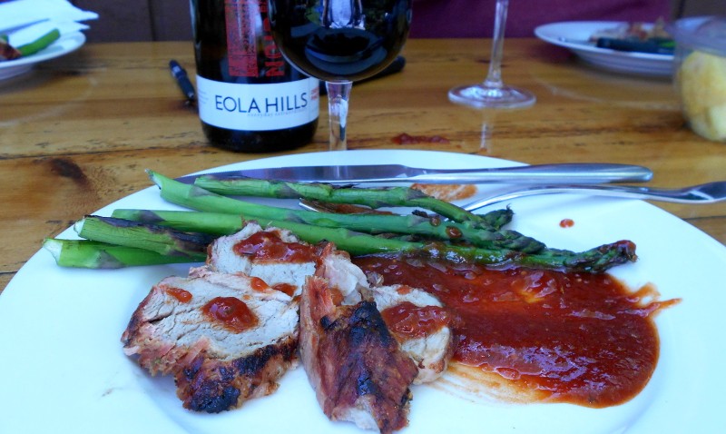 wine, grilled pork, asparagus