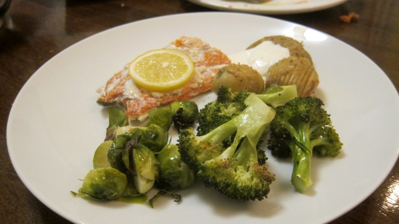 salmon, broccoli, brussel sprouts & potatoes