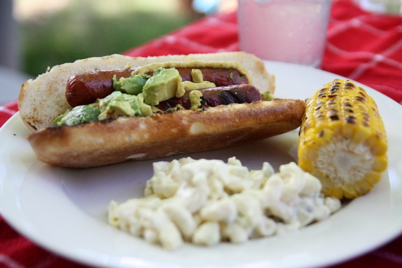 hot dog, salad & corn