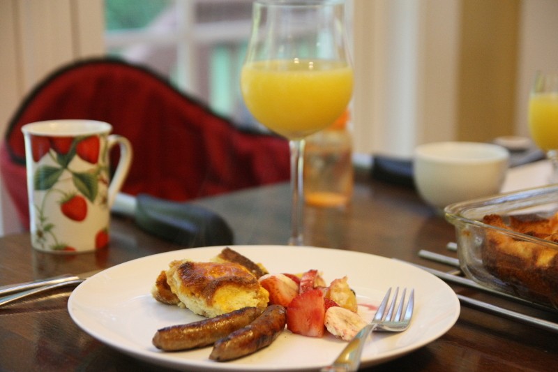 egg & cheese, sausage, fruit & mimosa