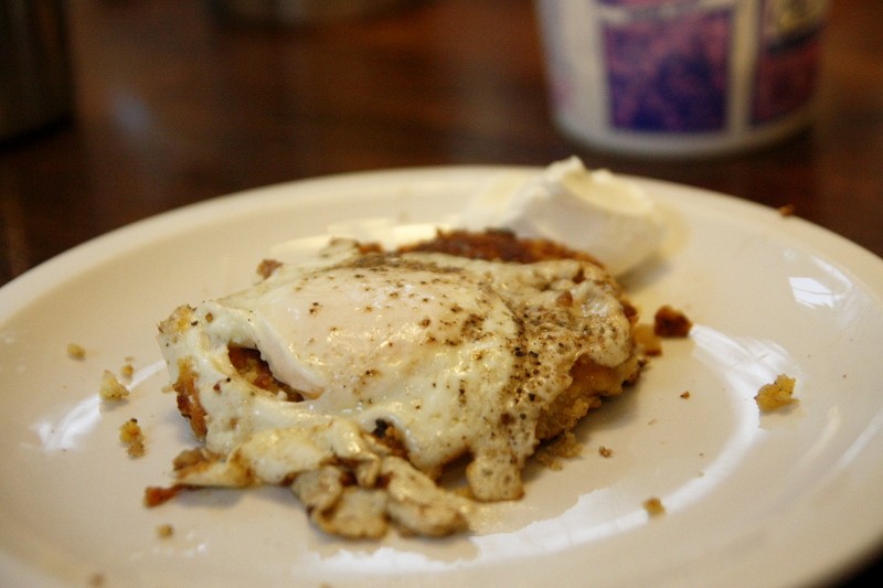 egg on cornmeal pancake