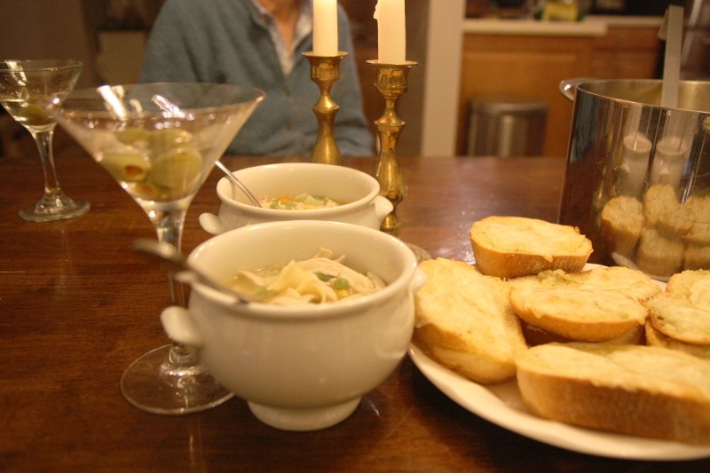 martini, garlic bread & chicken soup