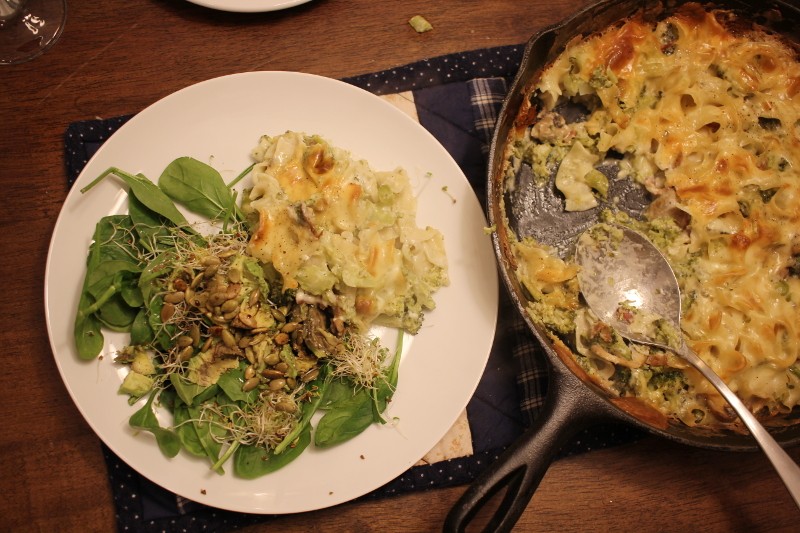salad, pasta, cheese & broccoli